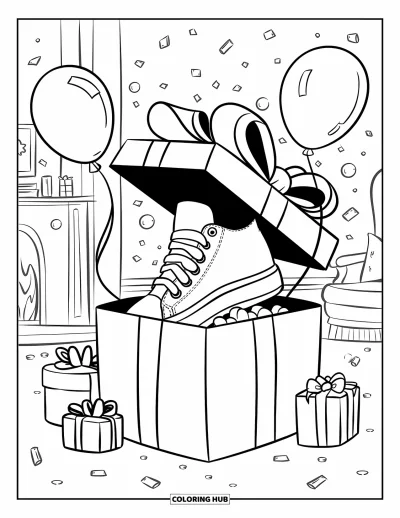 Coloriage de baskets pour adultes : Une basket dans une boîte cadeau sourit parmi des ballons, des confettis et des cadeaux emballés près de la cheminée