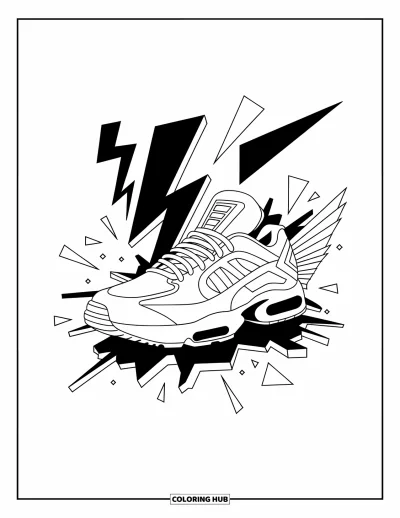 Coloriage de baskets pour adultes : Une basket est encadrée par des éclairs, des formes tranchantes et des designs d'ailes futuristes