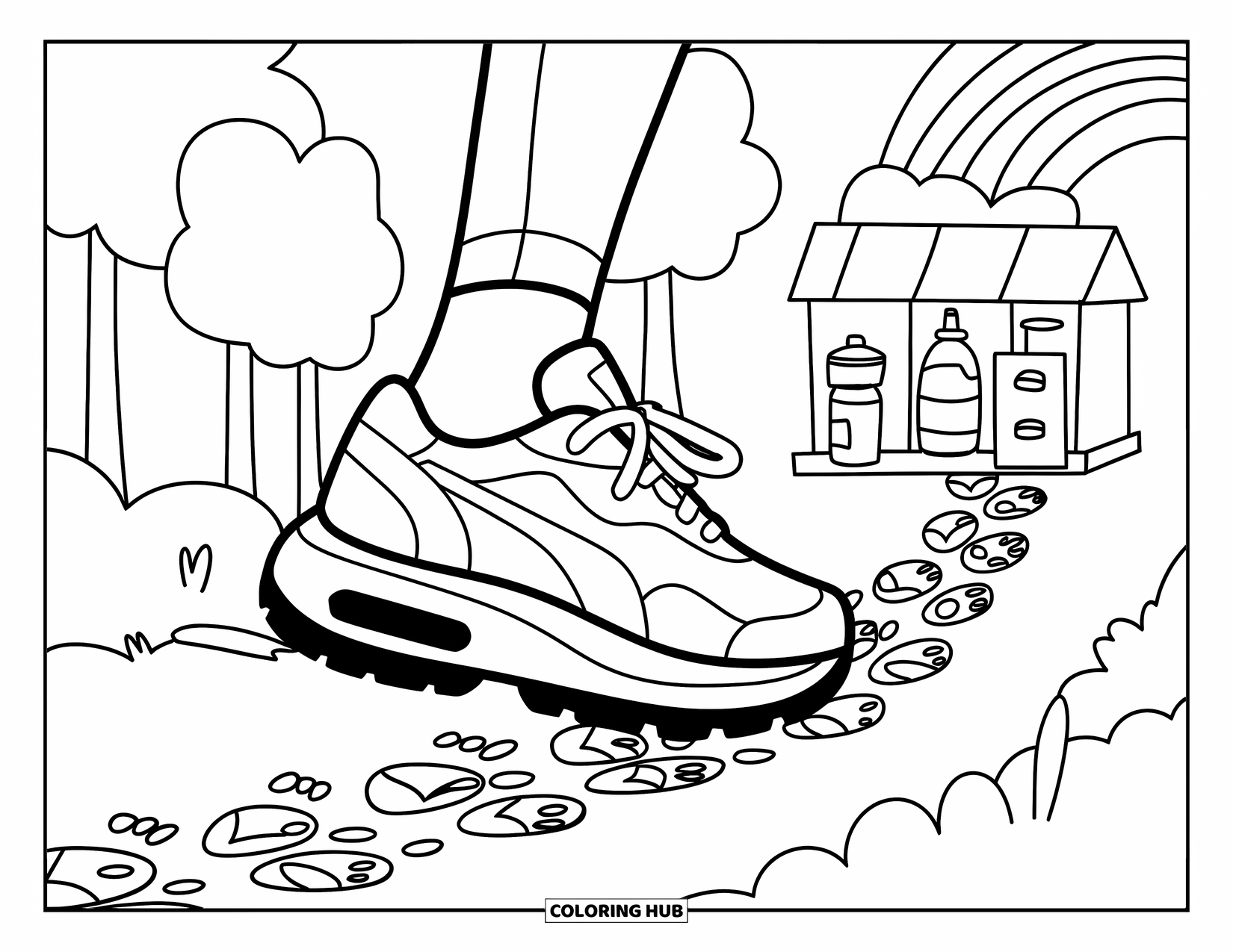 Sneaker Coloring Page for Adults: A sneaker jogs toward a water stop under puffy trees and a rainbow-filled sky