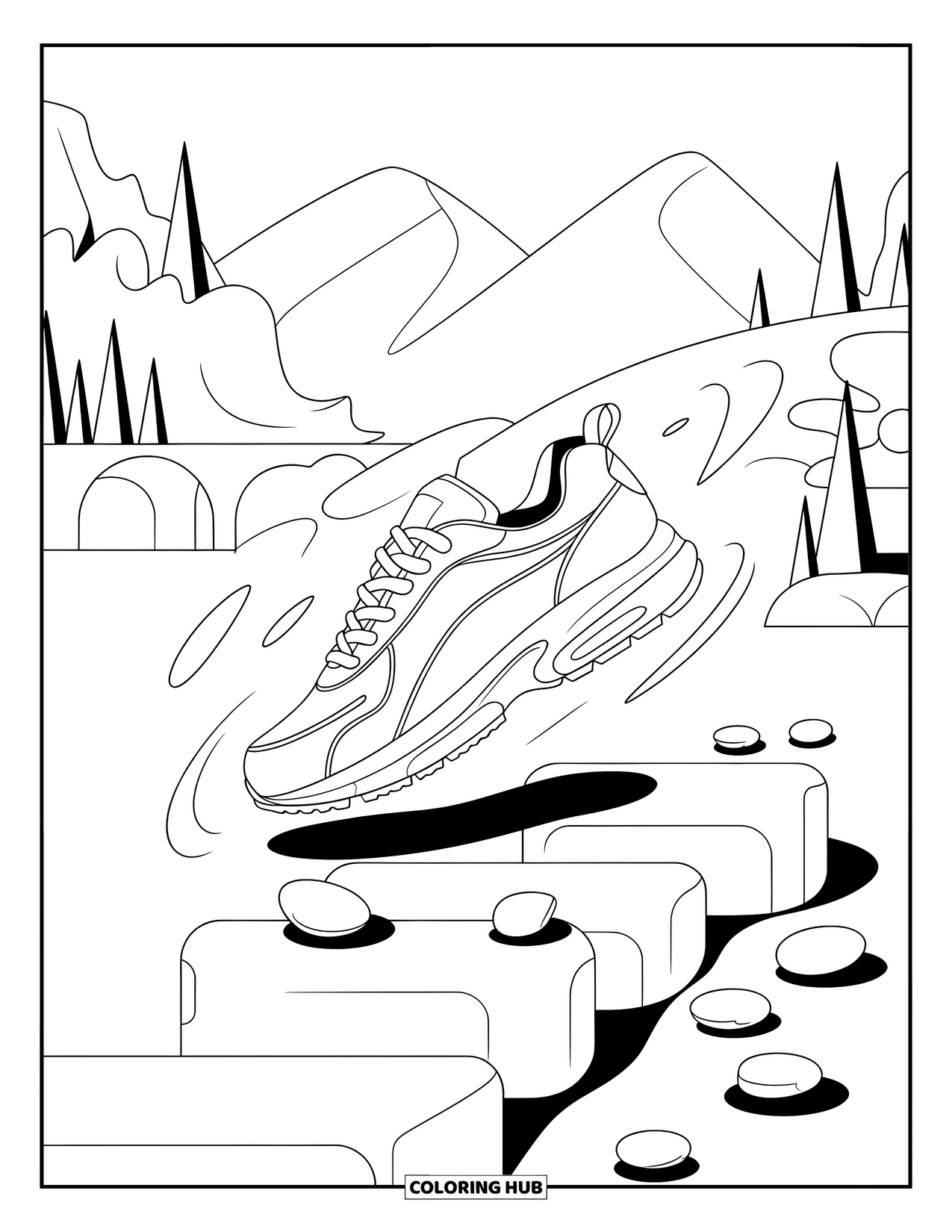 Sneaker Coloring Page for Adults: A sneaker leaps with motion swirls and pebbles in a calm setting with trees and mountains