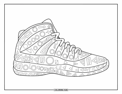 Coloriage de baskets pour adultes : Une basket faite de cercles, de flèches et de triangles répétés se démarque avec des détails nets