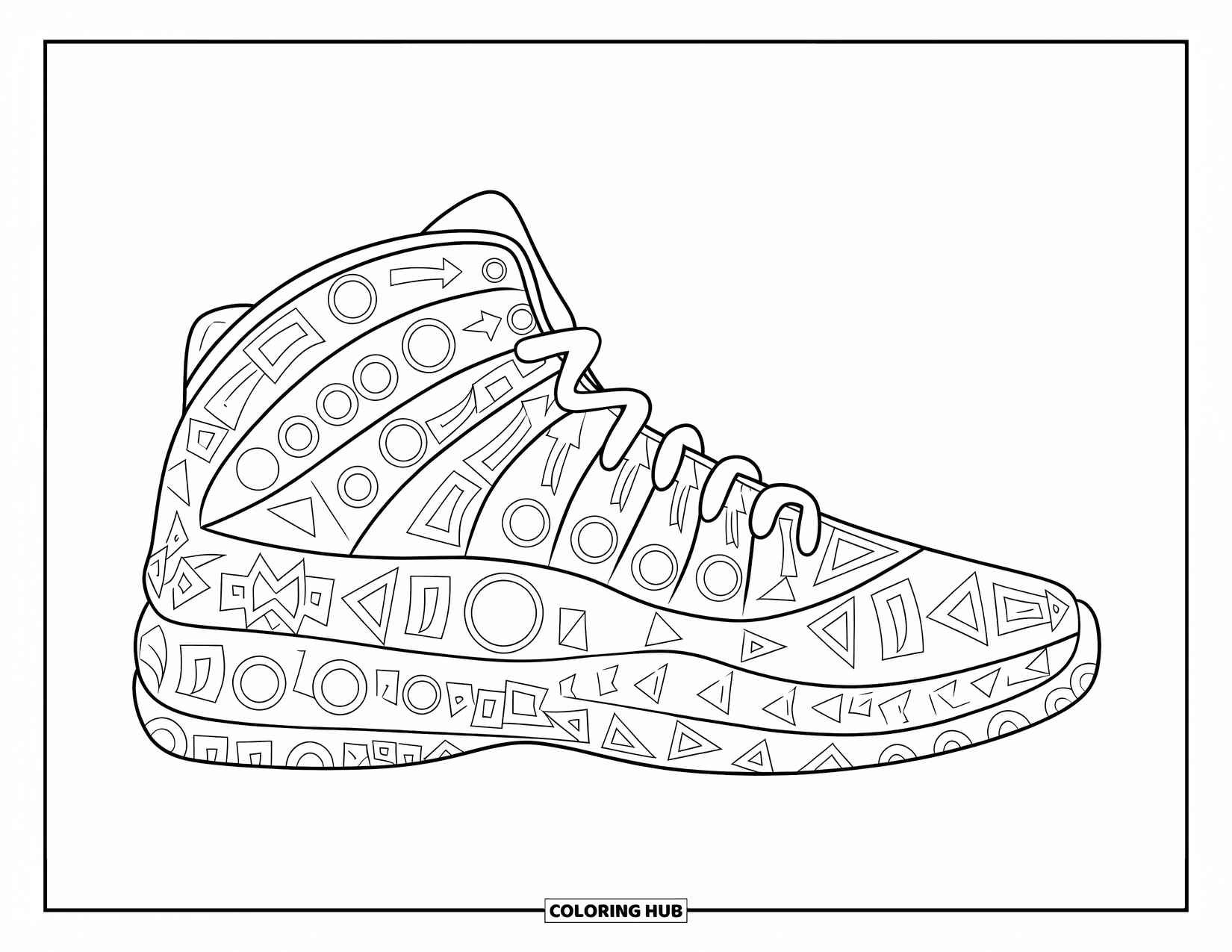 Sneaker Coloring Page for Adults: A sneaker made of repeating circles, arrows, and triangles stands out in crisp detail
