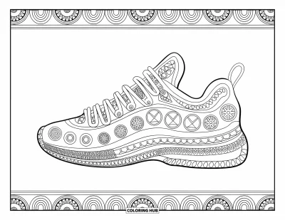 Coloriage de baskets pour adultes : Une basket aux motifs détaillés est encadrée d'une bordure décorative d'éléments artistiques