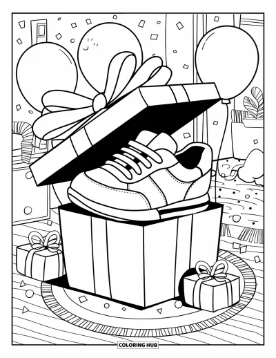 Coloriage de baskets pour adultes : Une basket pointe le bout du nez d'une boîte cadeau dans une pièce douillette remplie de décorations amusantes