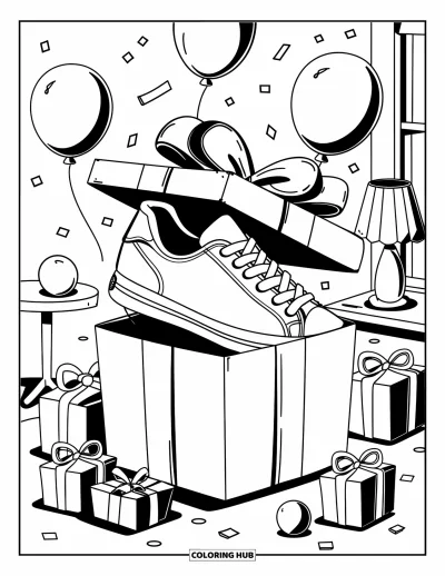Coloriage de baskets pour adultes : Une basket pointe d'une boîte à rubans avec des ballons et des cadeaux dans une pièce douillette décorée