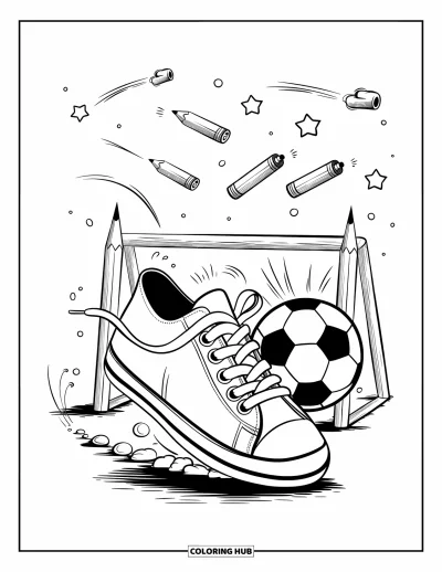 Coloriage de baskets pour adultes : Une basket joue au football avec un ballon à pois, des étoiles, des sifflets et des buts en forme de crayons