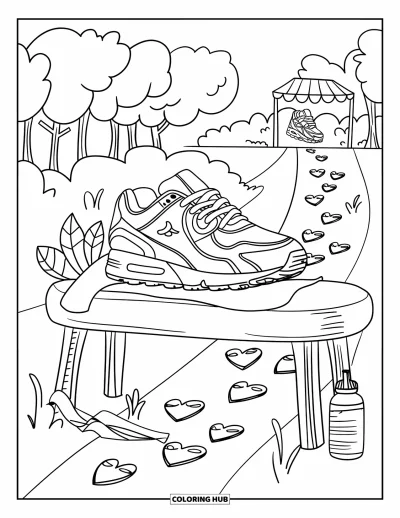 Coloriage de baskets pour adultes : Une basket se repose sur un banc avec une serviette, une médaille et de petits objets ludiques à proximité