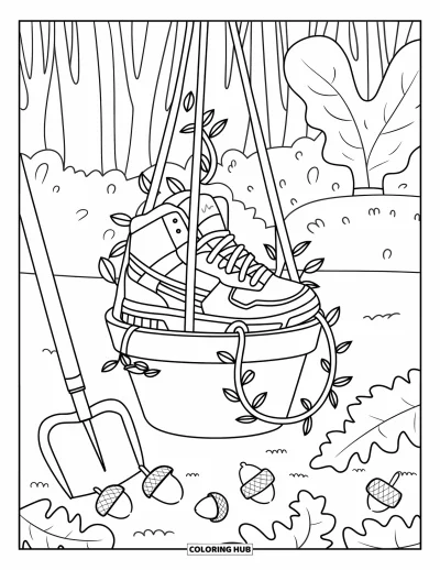 Coloriage de baskets pour adultes : Une basket repose dans un pot de plante forestière avec des vignes enroulées, des outils et des glands éparpillés