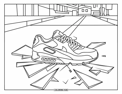 Coloriage de baskets pour adultes : Une basket repose sur un pavé fissuré avec des flèches, des éclats de verre et un décor urbain
