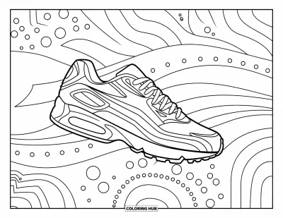 Coloriage de baskets pour adultes : Une basket repose sur des vagues et des arches, vue sous un angle original