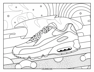 Coloriage de baskets pour adultes : Une basket vue de biais repose sur une base texturée avec des points et des formes fluides