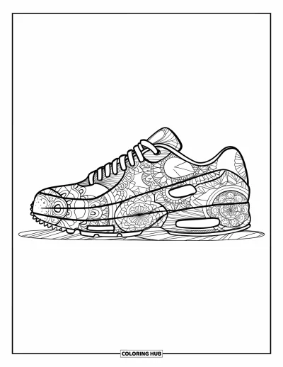Coloriage de baskets pour adultes : La silhouette d'une basket est remplie de designs mandala détaillés sur une surface texturée