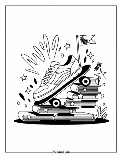 Coloriage de baskets pour adultes : Une basket dévale une rampe en forme de livre sur un skateboard avec des étoiles et un drapeau encourageant
