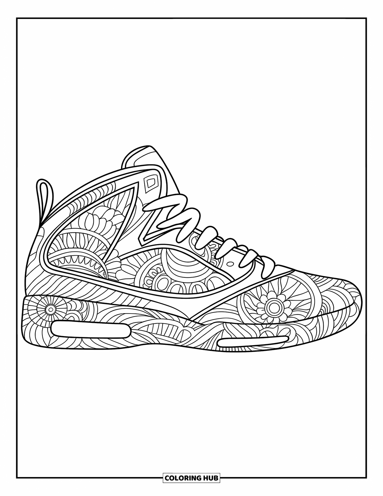 Sneaker Coloring Page for Adults: A sneaker stands alone with its shape full of mandala-style patterns