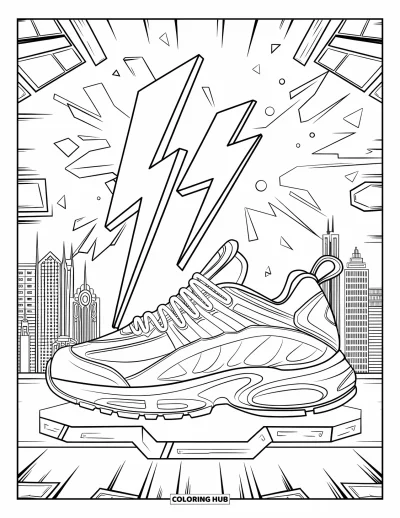 Coloriage de baskets pour adultes : Une basket se dresse sur une plateforme entourée d'éclairs, d'éclaboussures et d'un paysage urbain