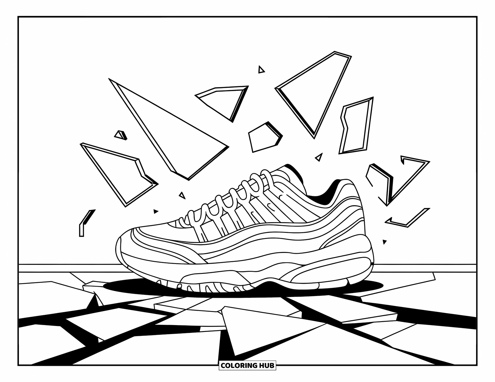 Sneaker Coloring Page for Adults: A sneaker stands on cracked pavement with sharp glass shapes and arrows in the scene