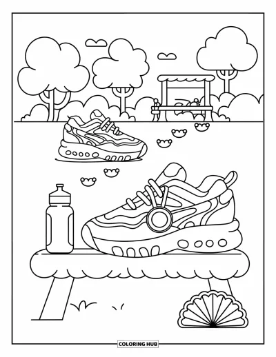 Coloriage de baskets pour adultes : Une basket avec une médaille repose sur un banc nuage près de traces de cœurs et d'un point de ravitaillement