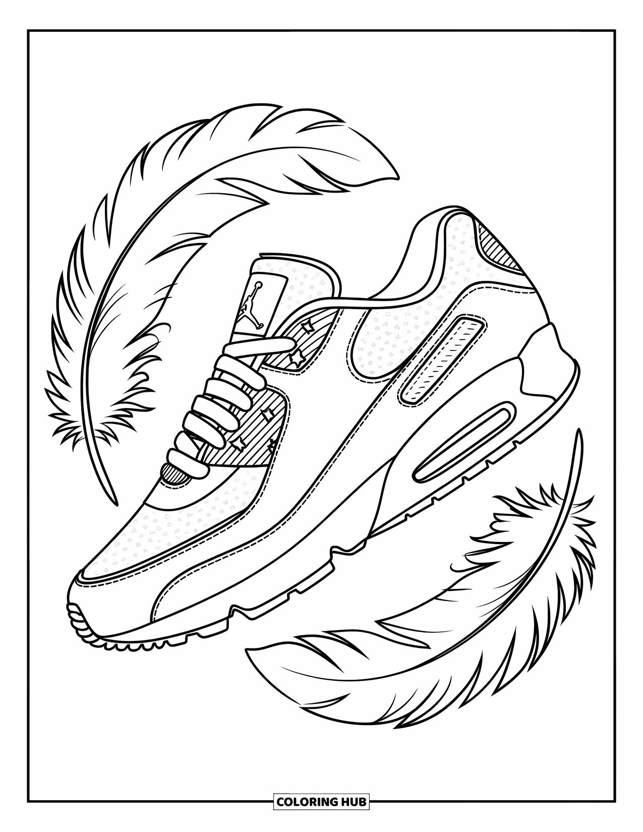 Sneaker Coloring Page for Adults: A sneaker with mesh layers and cutouts is framed by soft, flowing feathers