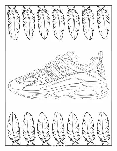 Coloriage de baskets pour adultes : Une basket avec des panneaux en mesh et des coutures est encadrée de plumes douces et flottantes