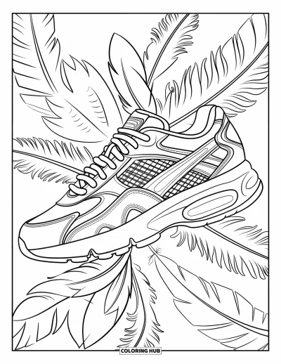 Coloriage de baskets pour adultes : Une basket élégante avec des coutures et des accents de plumes est entourée de détails artistiques