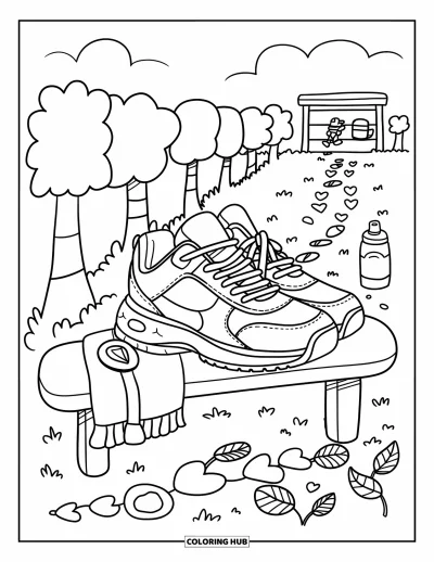 Coloriage de baskets pour adultes : Une basket fatiguée repose sur un banc avec une serviette, une médaille et des feuilles qui voltigent à proximité