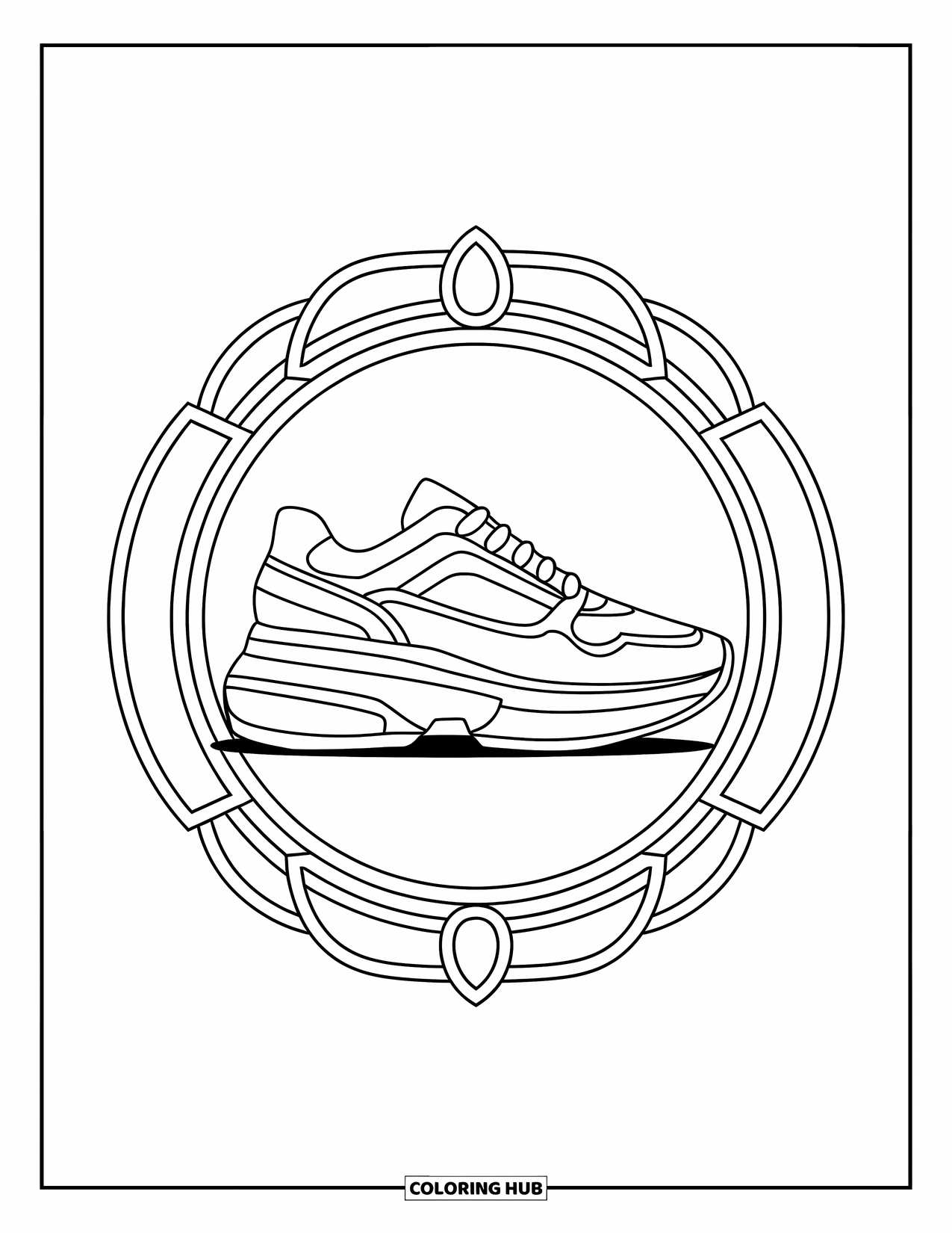 Sneaker Coloring Page for Adults: A trendy sneaker with a raised sole is surrounded by fancy patterned rings