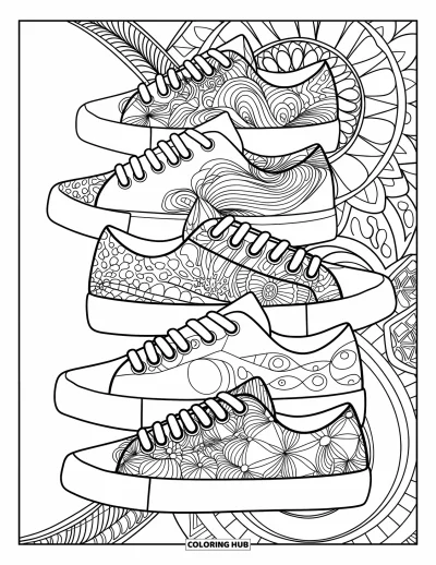 Coloriage de baskets pour adultes : Chaque basket de la rangée présente des tourbillons, des fleurs et des triangles qui lui sont propres