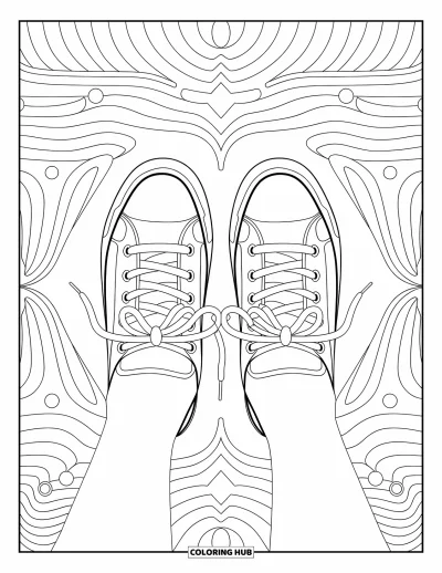 Coloriage de baskets pour adultes : Des baskets en paire se font face dans une mer de tourbillons détaillés et de lignes artistiques