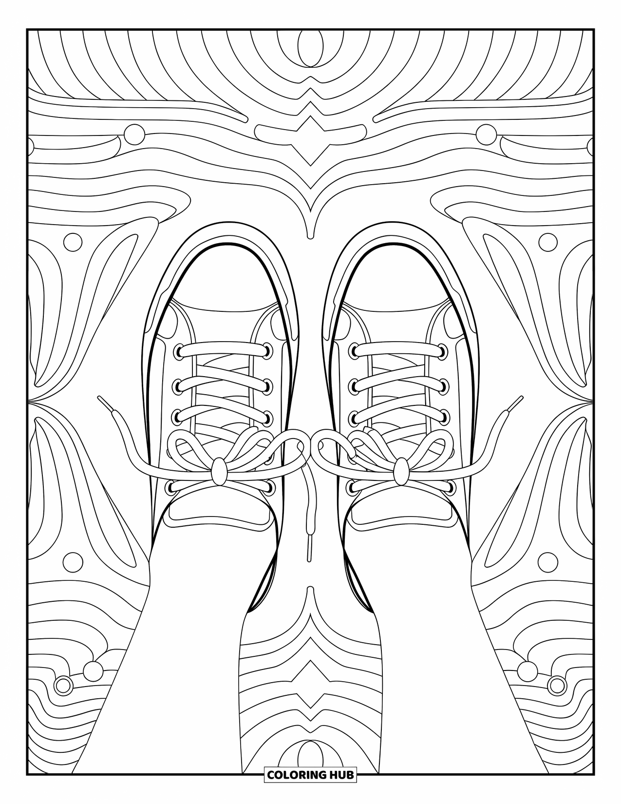 Sneaker Coloring Page for Adults: Paired sneakers face each other in a sea of detailed swirls and artistic lines