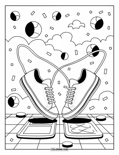 Coloriage de baskets pour adultes : Des baskets sautent à la corde ensemble avec des lacets en l'air et des éléments ludiques tout autour