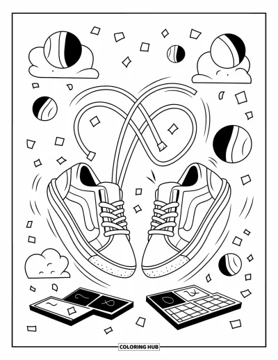 Coloriage de baskets pour adultes : Des baskets sautent en pleine corde à sauter avec des lacets qui se balancent et des éléments joyeux tout autour