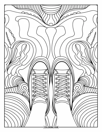 Coloriage de baskets pour adultes : Des baskets se retrouvent bout à bout, entourées de tourbillons fluides et de motifs abstraits