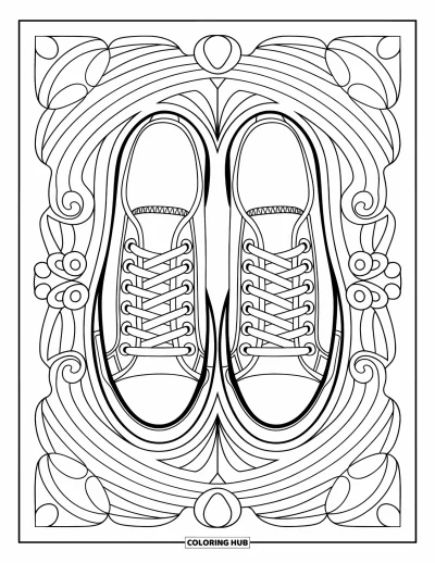 Coloriage de baskets pour adultes : Des baskets bout à bout reposent parmi des designs tourbillonnants apaisants et une douce symétrie