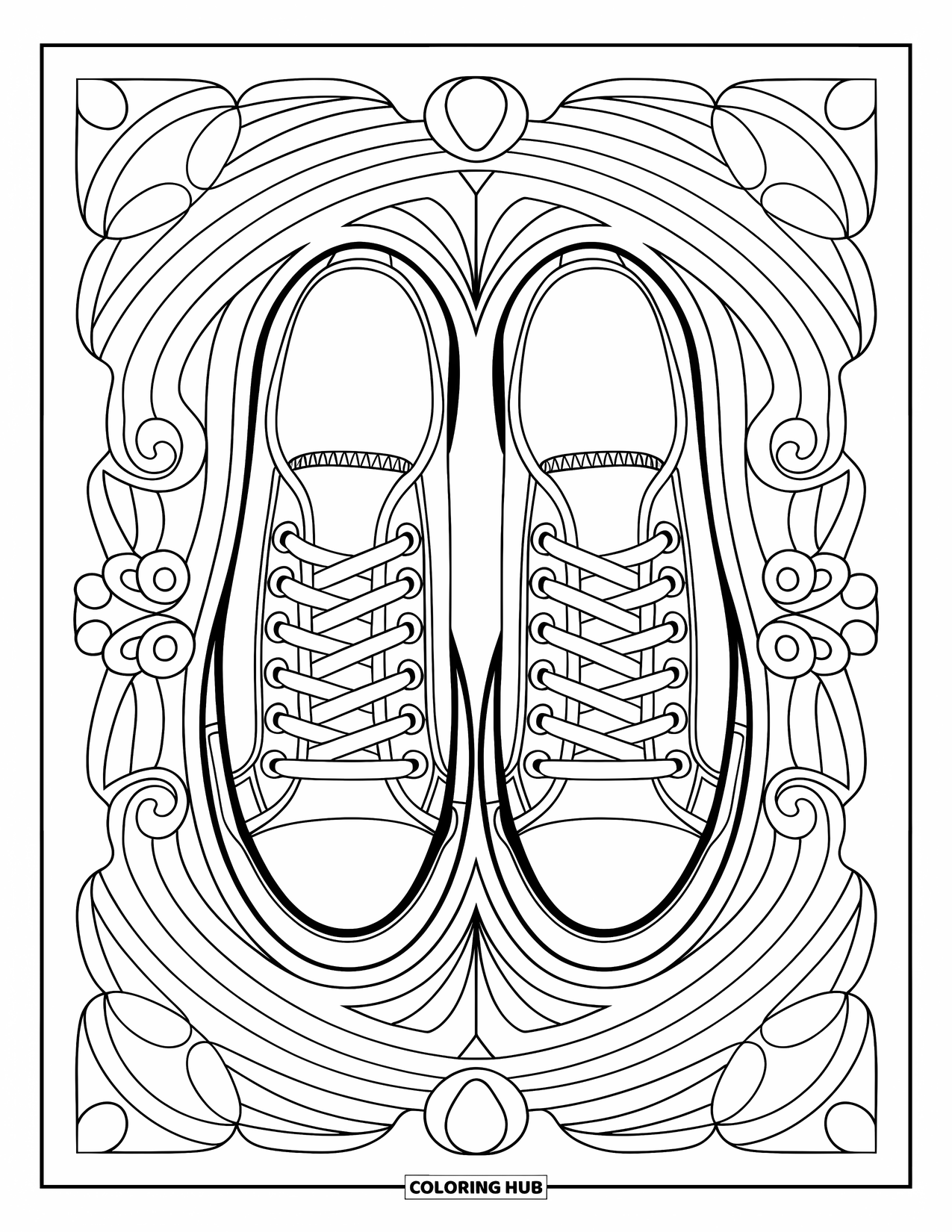 Sneaker Coloring Page for Adults: Toe-to-toe sneakers rest among calm, swirling designs and soft symmetry