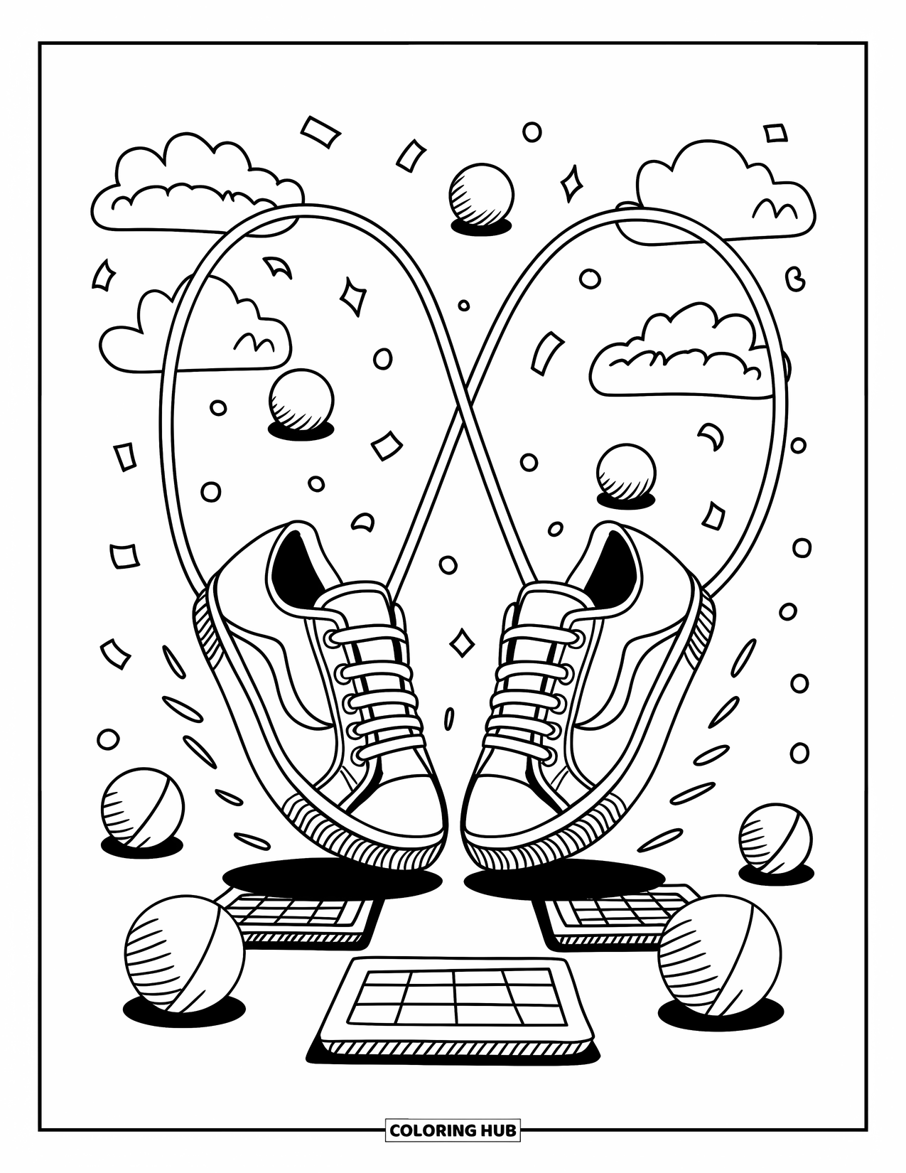 Sneaker Coloring Page for Adults: Two sneakers jump rope with looping laces, hopscotch tiles, and bouncing balls nearby