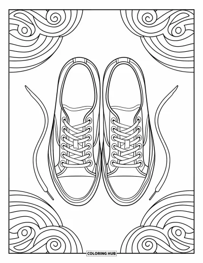Coloriage de baskets pour adultes : Deux baskets sont bout à bout avec des motifs tourbillonnants et équilibrés tout autour