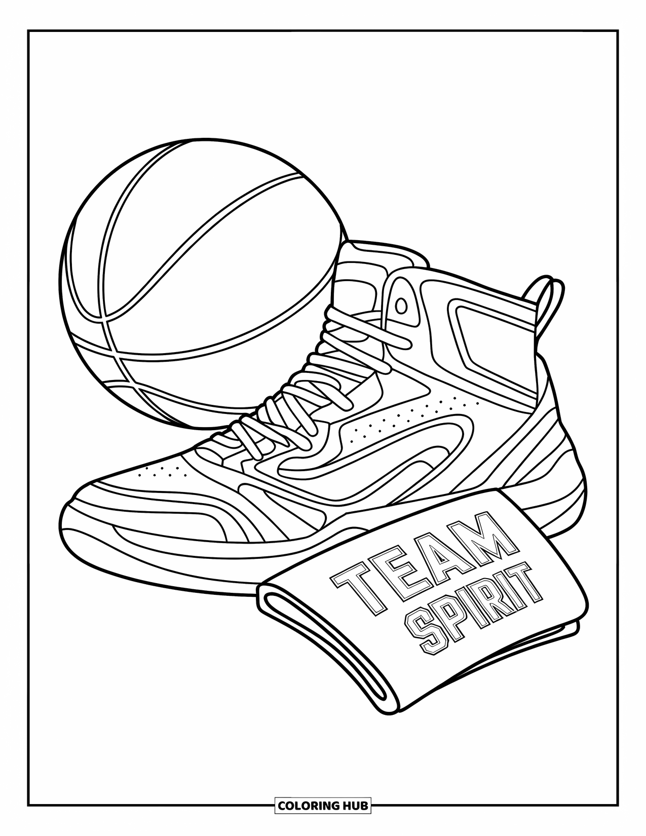 Sneaker Coloring Page for Kids: A bold sneaker and bouncing ball rest near a stitched jersey tag that says "TEAM SPIRIT"