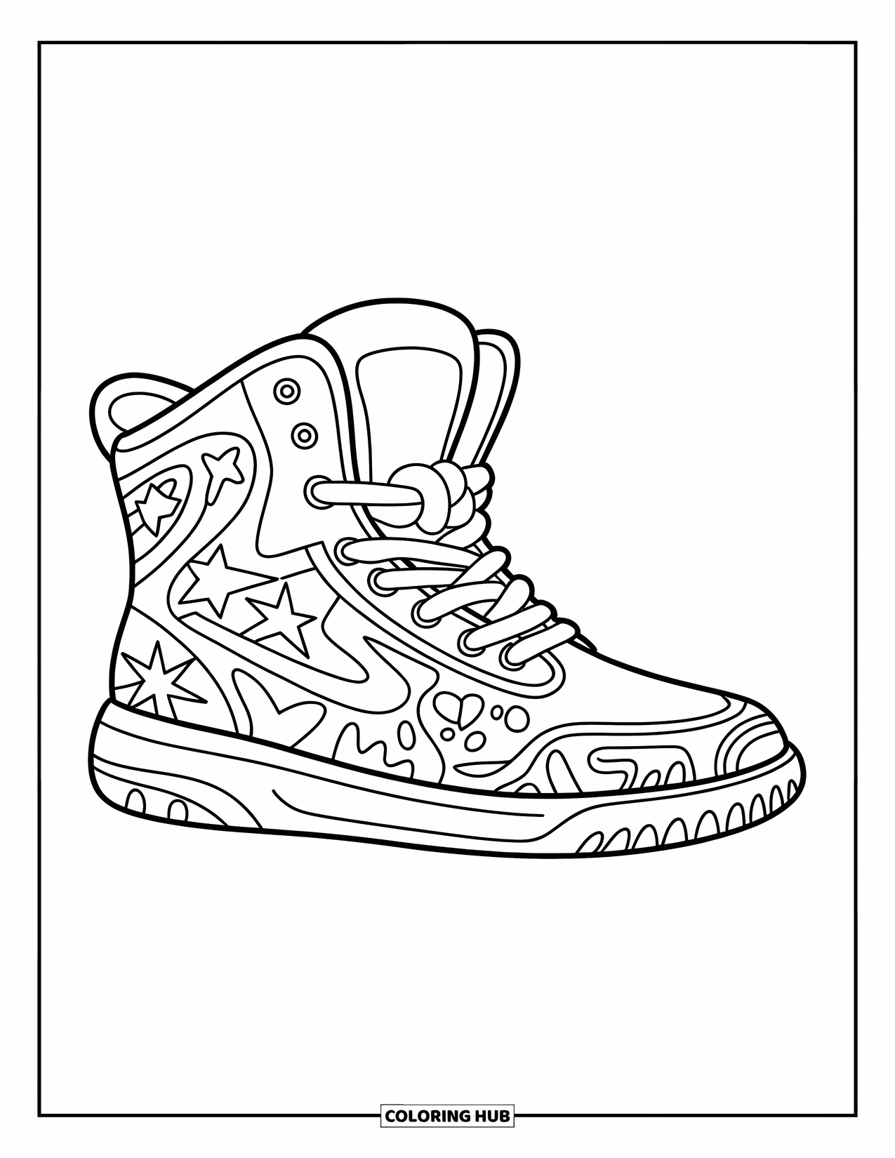 Sneaker Coloring Page for Kids: A bold sneaker splashed with graffiti shapes and stars shows off stylized laces