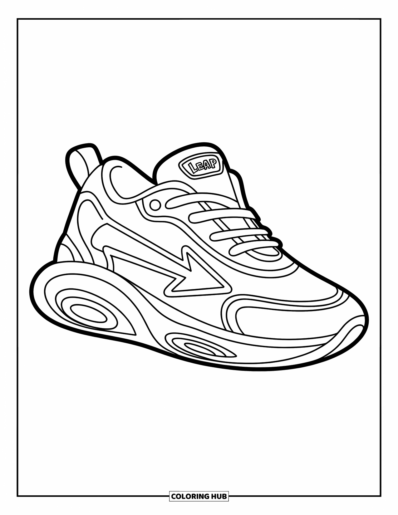 Sneaker Coloring Page for Kids: A bold sneaker with arrows and swirls features a "LEAP" badge on the heel