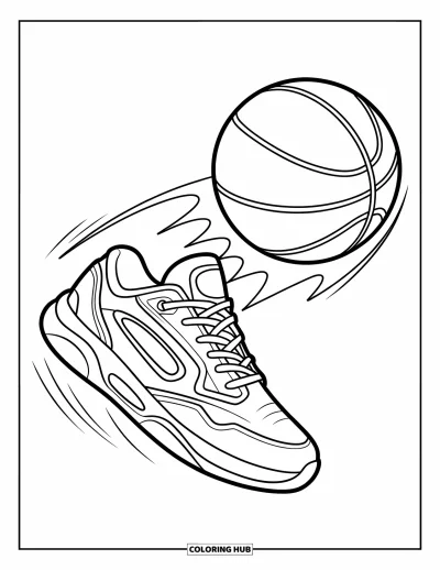 Coloriage de baskets pour enfants : Un ballon de basket rebondissant passe en vol devant une basket basse avec des détails de semelle et de côté