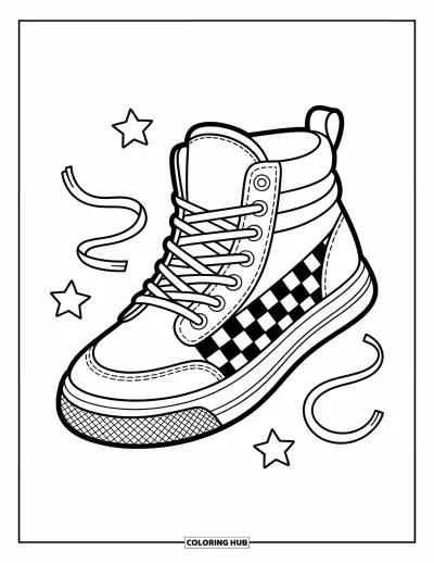 Coloriage de baskets pour enfants : Une basket à damier repose parmi des étoiles et des rubans avec de jolis détails de couture