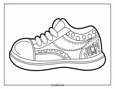 Coloriage de baskets pour enfants : Une basket trapue avec un gros embout et "Jump!" sur le talon ajoute du charme