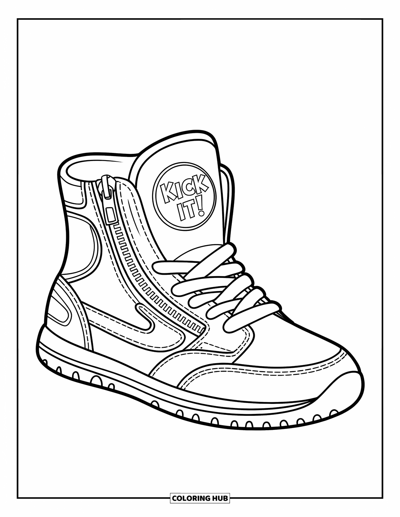 Sneaker Coloring Page for Kids: A chunky sneaker with a zipper and "Kick It!" tag adds cool style and space to color