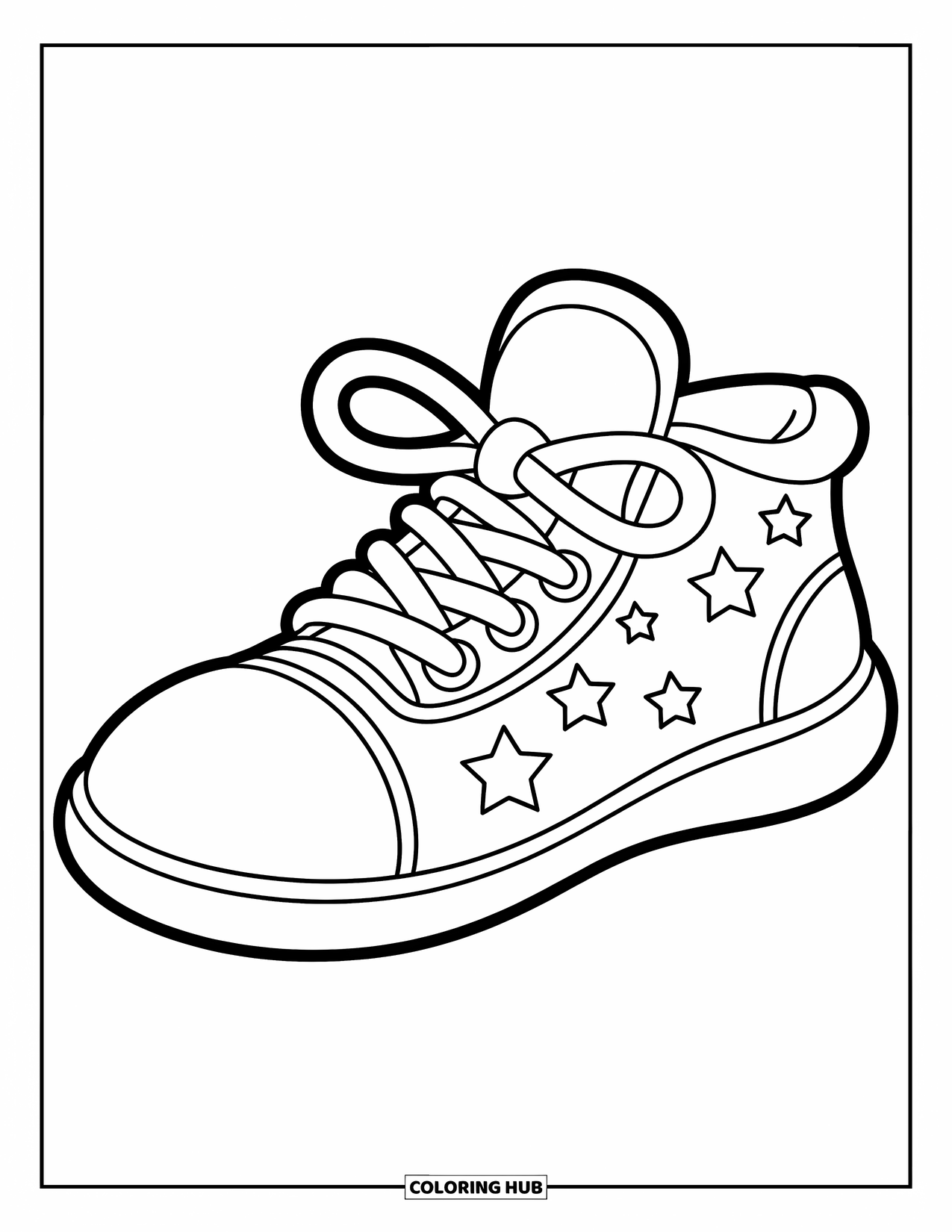 Sneaker Coloring Page for Kids: A chunky sneaker with giant laces and stars loops playfully across its rounded shape