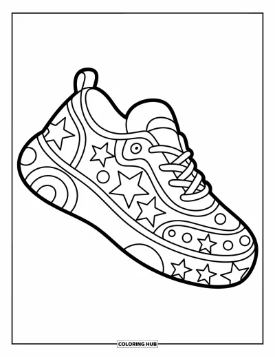 Coloriage de baskets pour enfants : Une basket trapue avec des étoiles et des cercles éparpillés sur les côtés et le talon
