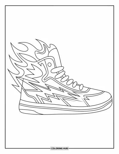 Coloriage de baskets pour enfants : Une basket ardente avec des superpositions audacieuses et des accents géométriques apporte une vraie intensité