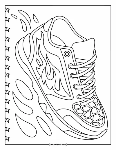 Coloriage de baskets pour enfants : Une basket décorée de flammes repose en biais avec des étoiles le long du bord supérieur