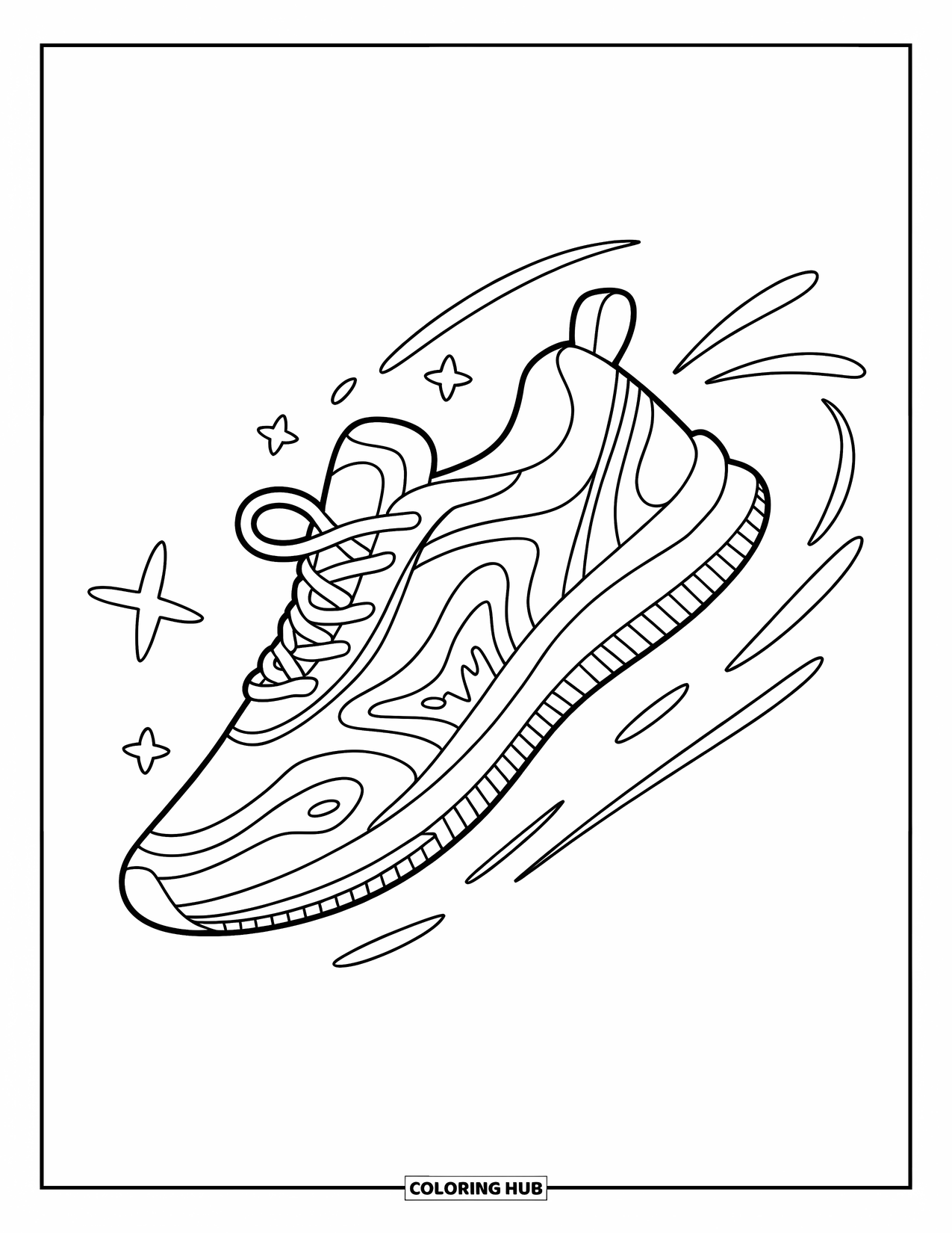Sneaker Coloring Page for Kids: A flying sneaker trails motion dashes and shines with stars and sporty stripes
