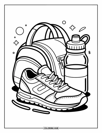 Coloriage de baskets pour enfants : Une mise en scène amusante avec basket, gourde et sac entourés d'étoiles et de formes