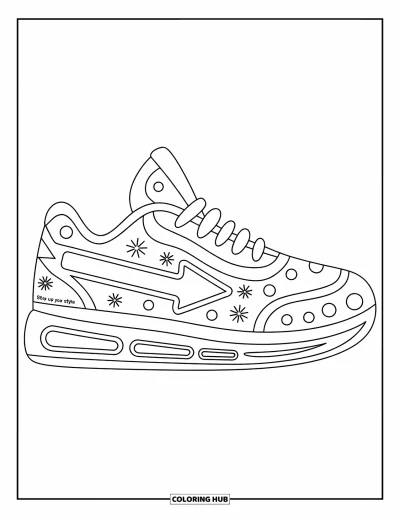 Coloriage de baskets pour enfants : Une basket amusante avec des pois, des étoiles et des lacets en éclair dit "Step Up Your Style"